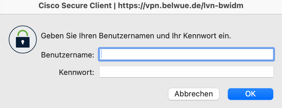 Eingabe lokaler Benutzername und Kennwort